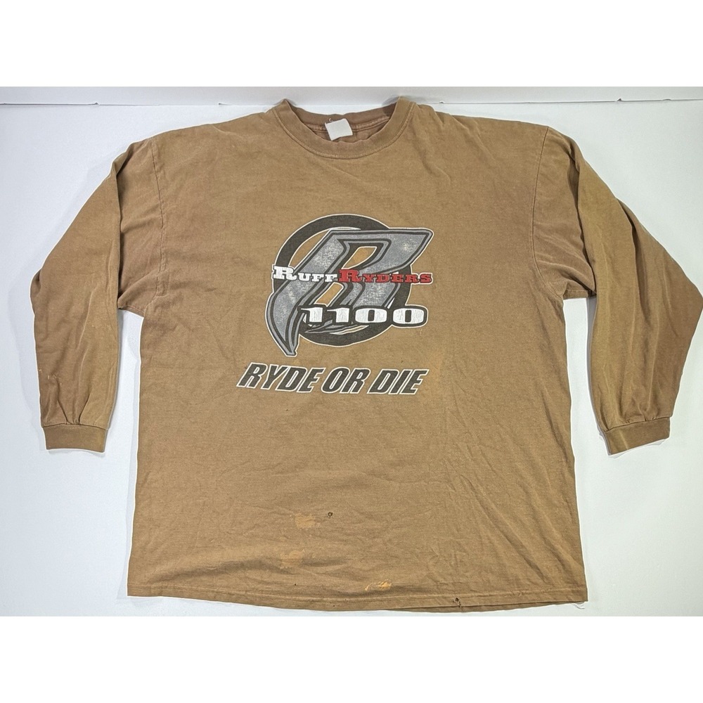 Vintage Ruff Ryders 1100 Ryde Or Die Long Sleeve Shirt Tan Men's Large XL